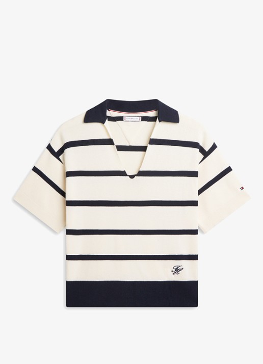 Tommy Hilfiger Fijngebreide trui met streepprint en polokraag - voorkant beige