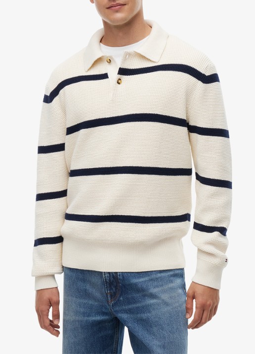 Tommy Hilfiger Fijngebreide trui met streepprint - detail donkerblauw
