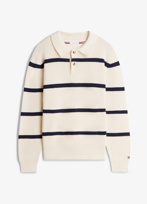 Tommy Hilfiger Fijngebreide trui met streepprint - voorkant 3 donkerblauw