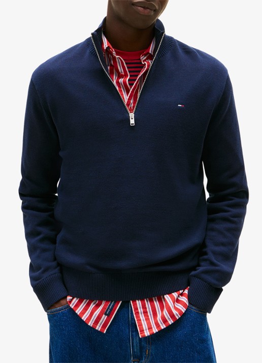 Tommy Hilfiger Fijngebreide trui van katoen met halve rits - detail donkerblauw
