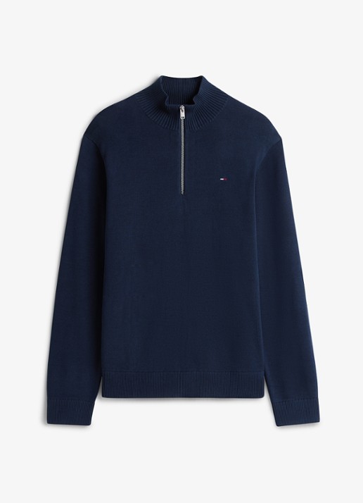 Tommy Hilfiger Fijngebreide trui van katoen met halve rits - voorkant 4 donkerblauw