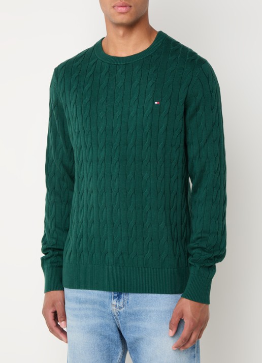 Tommy Hilfiger Flag Embroidery Cable Knit Jumper - detail groen