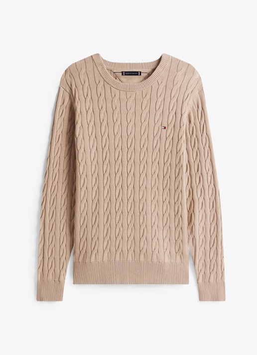 Tommy Hilfiger Flag Embroidery Cable Knit Jumper - voorkant staalblauw