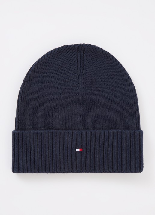 Tommy Hilfiger Flag Pima grofgebreide muts met logo - voorkant donkerblauw