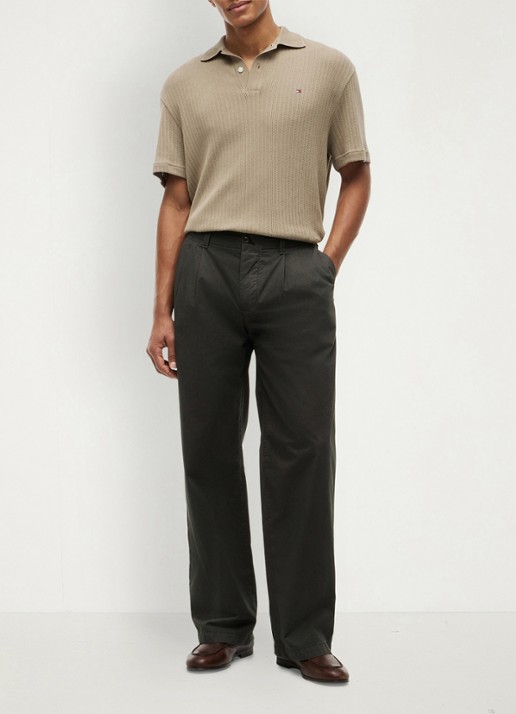 Tommy Hilfiger Gebreide polo met logoborduring - voorkant beige
