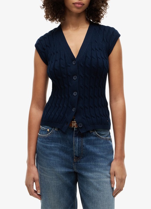 Tommy Hilfiger Grofgebreid vest met logoborduring - detail 4 donkerblauw