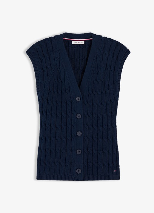 Tommy Hilfiger Grofgebreid vest met logoborduring - voorkant 2 donkerblauw