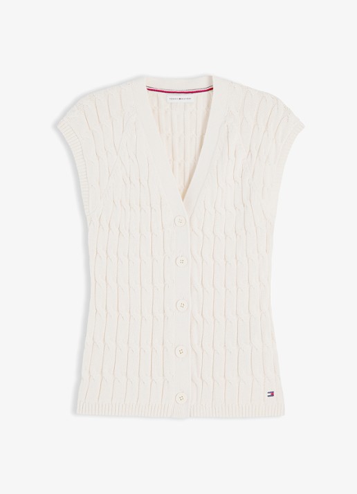 Tommy Hilfiger Grofgebreid vest met logoborduring - voorkant 4 ivoor