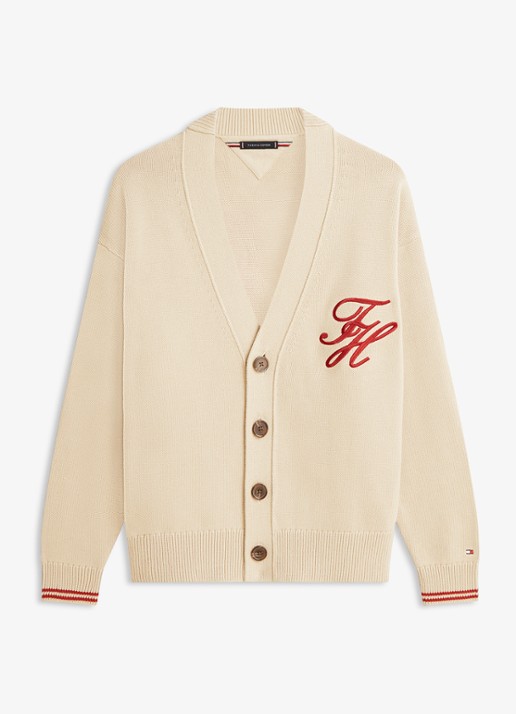 Tommy Hilfiger Grofgebreid vest met logoborduring - voorkant 4 beige