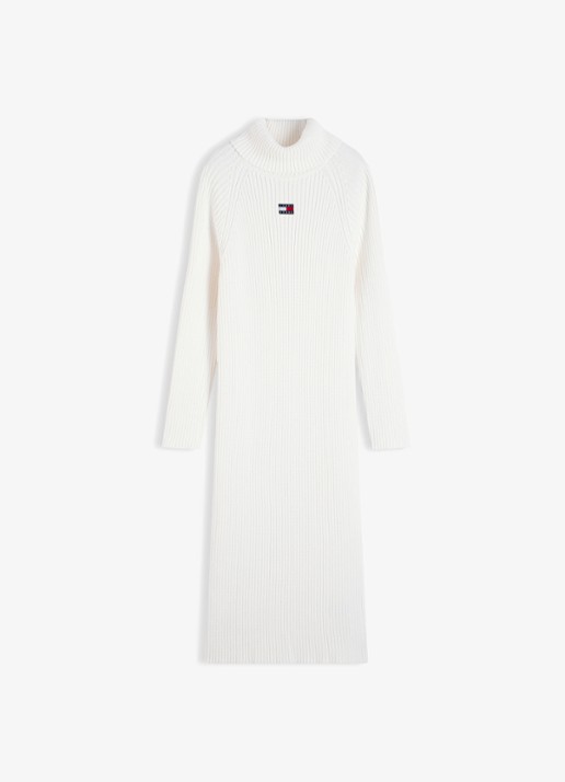 Tommy Hilfiger Grofgebreide midi jurk met logo en col  - voorkant 4 gebroken wit