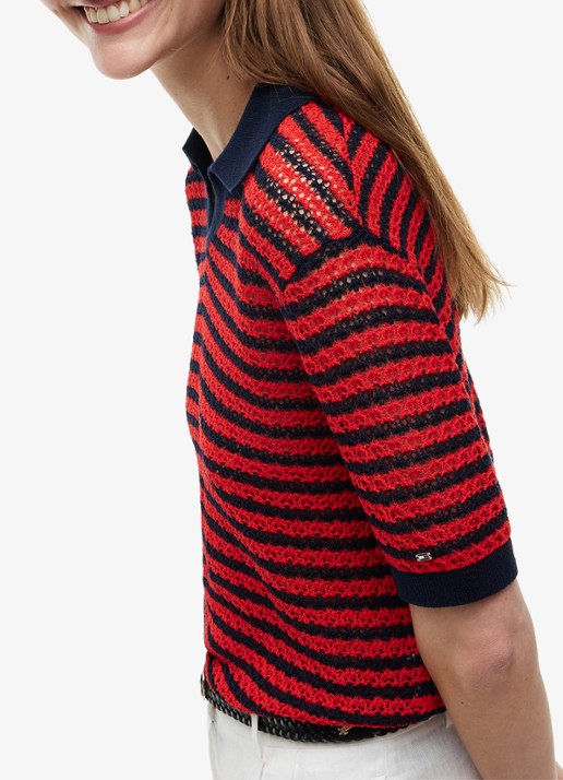 Tommy Hilfiger Grofgebreide trui met streepprint - detail 5 rood