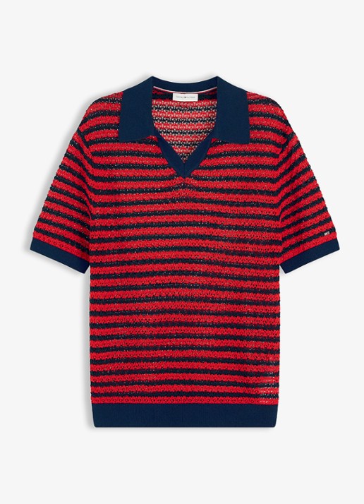 Tommy Hilfiger Grofgebreide trui met streepprint - voorkant rood