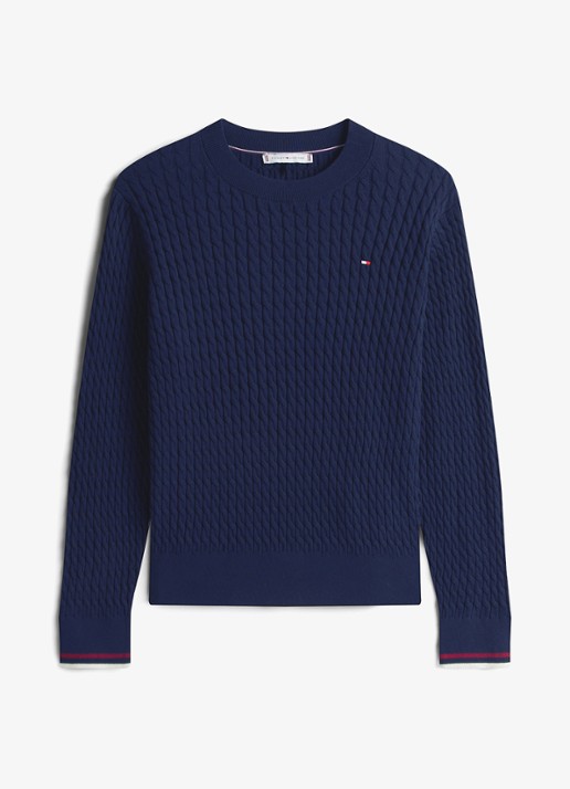 Tommy Hilfiger Grofgebreide trui van  katoen - voorkant donkerblauw