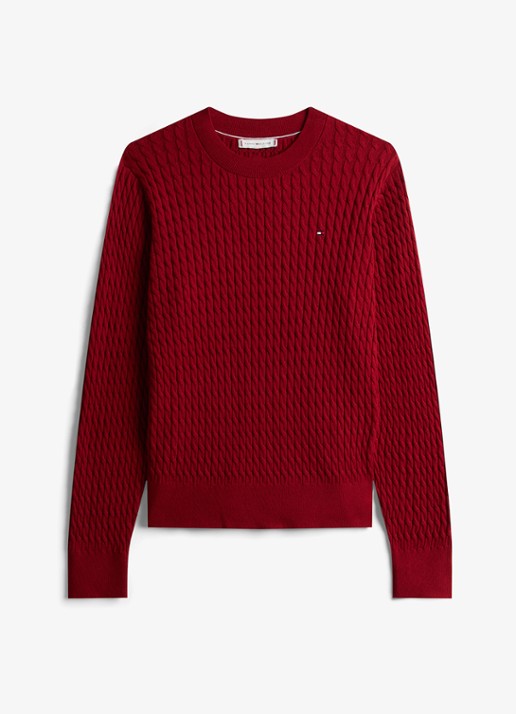 Tommy Hilfiger Grofgebreide trui van  katoen - voorkant cranberryrood