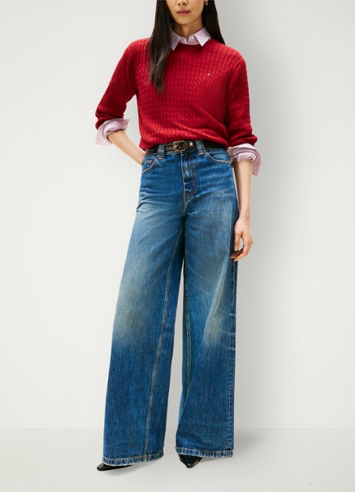 Tommy Hilfiger Grofgebreide trui van  katoen - voorkant 2 cranberryrood