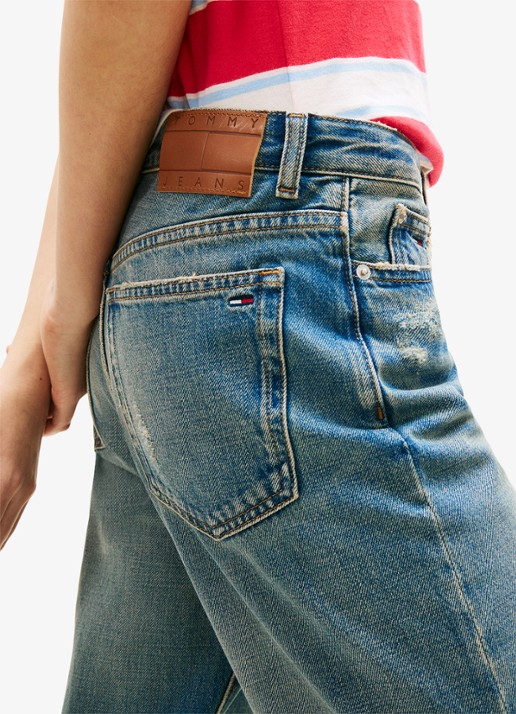 Tommy Hilfiger High waist straight fit jeans van katoen - detail 3 donkerblauw