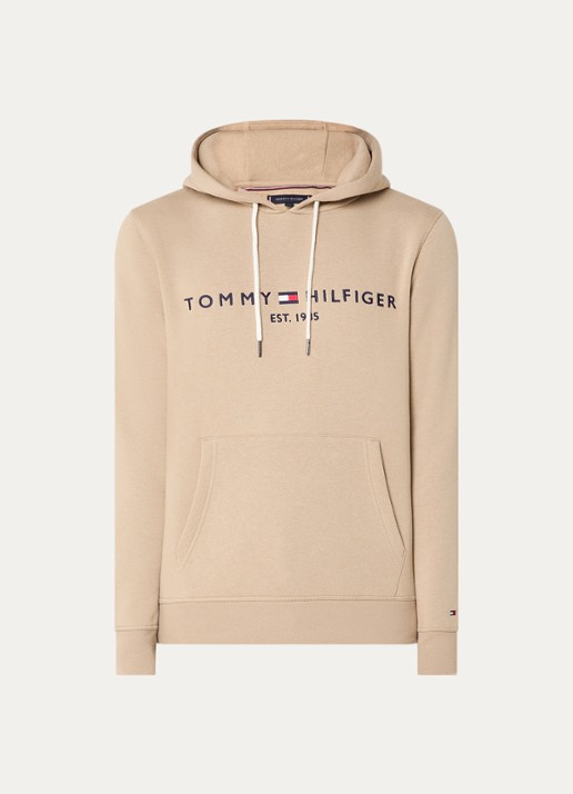 Tommy Hilfiger Hoodie met kangoeroezak en logoborduring - voorkant 4 sandalwood / beige