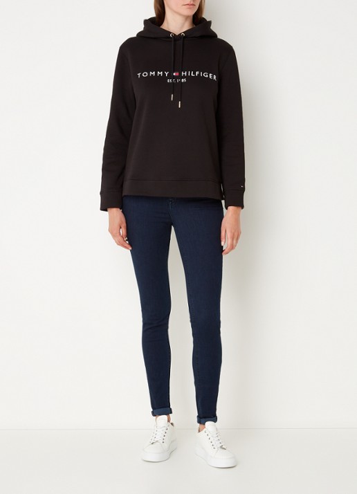 Tommy Hilfiger Hoodie van fleece met logoborduring - voorkant 2 zwart