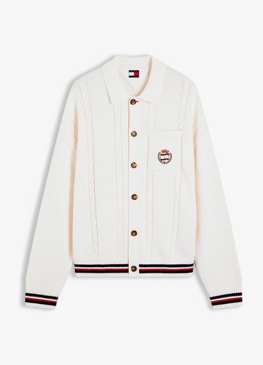 Tommy Hilfiger Kabelgebreid vest met borstzak - voorkant 4 gebroken wit
