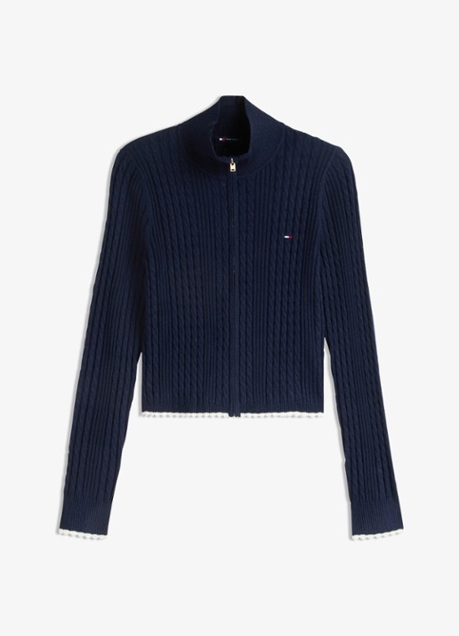 Tommy Hilfiger Kabelgebreid vest met logo  - voorkant 4 donkerblauw