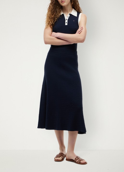 Tommy Hilfiger Kabelgebreide midi rok met logoborduring - voorkant 2 donkerblauw