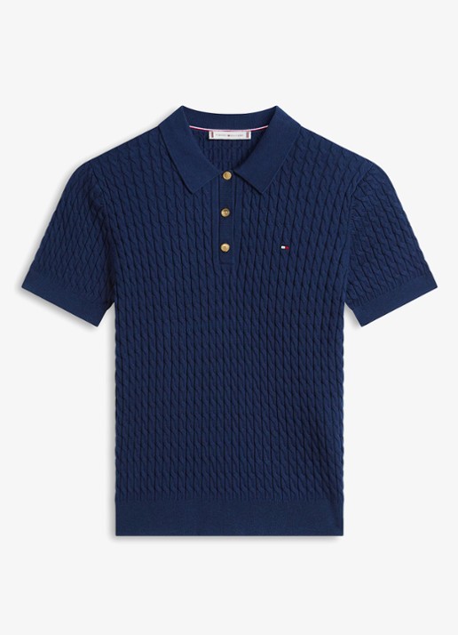 Tommy Hilfiger Kabelgebreide polo met logoborduring - voorkant donkerblauw