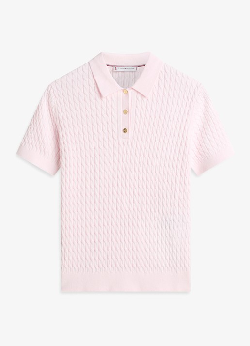 Tommy Hilfiger Kabelgebreide polo met logoborduring - voorkant 2 lichtroze