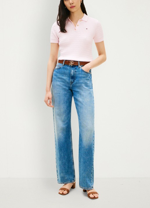 Tommy Hilfiger Kabelgebreide polo met logoborduring - voorkant 3 lichtroze