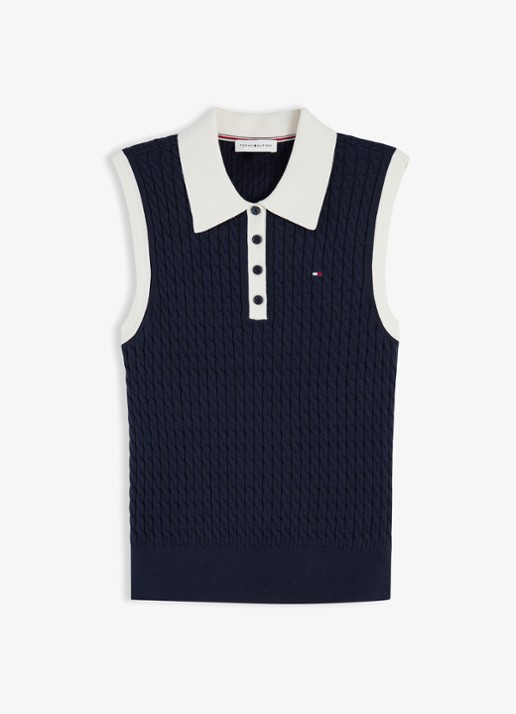 Tommy Hilfiger Kabelgebreide spencer met logo - voorkant 2 donkerblauw