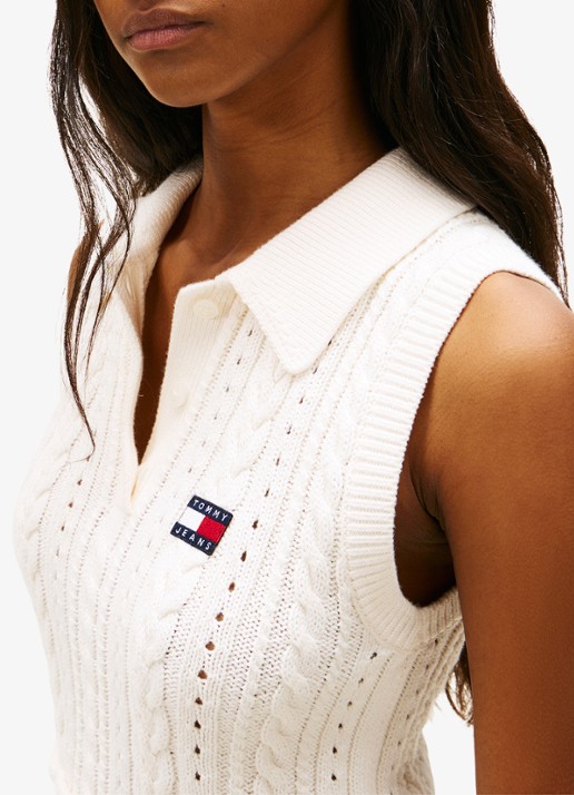 Tommy Hilfiger Kabelgebreide spencer met logo  - detail 3 beige