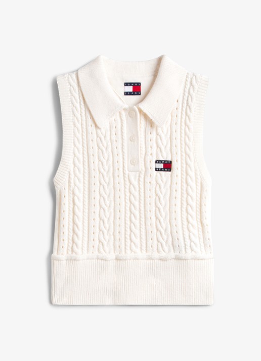 Tommy Hilfiger Kabelgebreide spencer met logo  - voorkant 4 beige