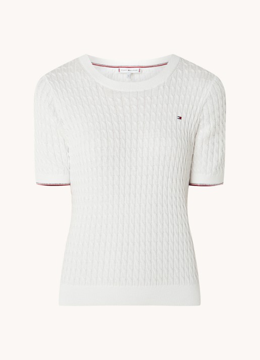 Tommy Hilfiger Kabelgebreide top met logoborduring - voorkant wit