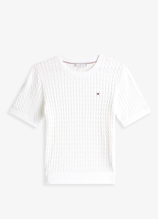 Tommy Hilfiger Kabelgebreide top met logoborduring - voorkant 4 gebroken wit