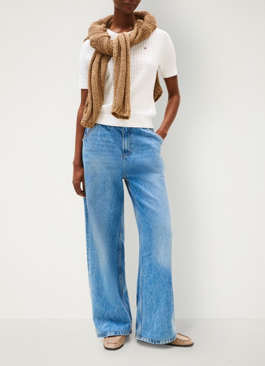 Tommy Hilfiger Kabelgebreide top met logoborduring - voorkant 5 gebroken wit