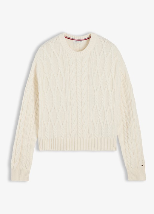 Tommy Hilfiger Kabelgebreide trui in zijdeblend  - voorkant 4 ivoor