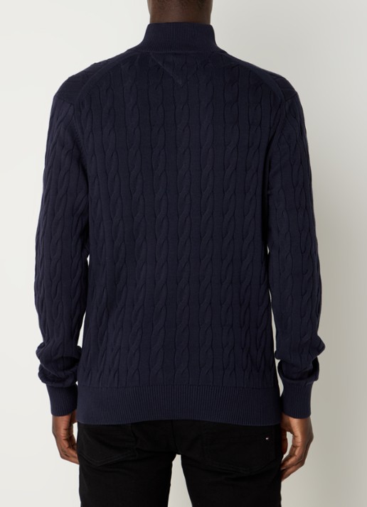 Tommy Hilfiger Kabelgebreide trui met halve rits en logo - achterkant donkerblauw