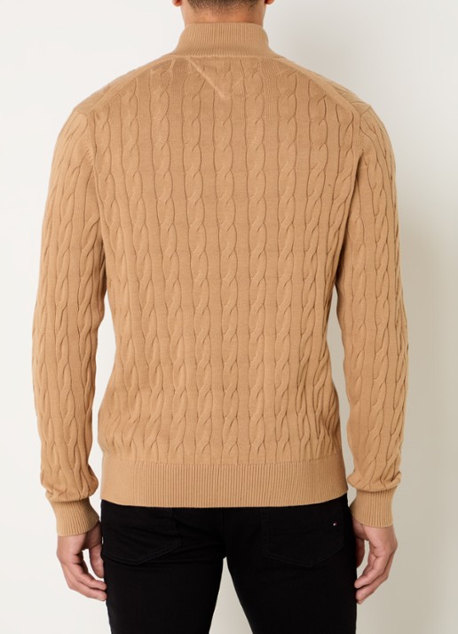 Tommy Hilfiger Kabelgebreide trui met halve rits en logo - achterkant 2 camel