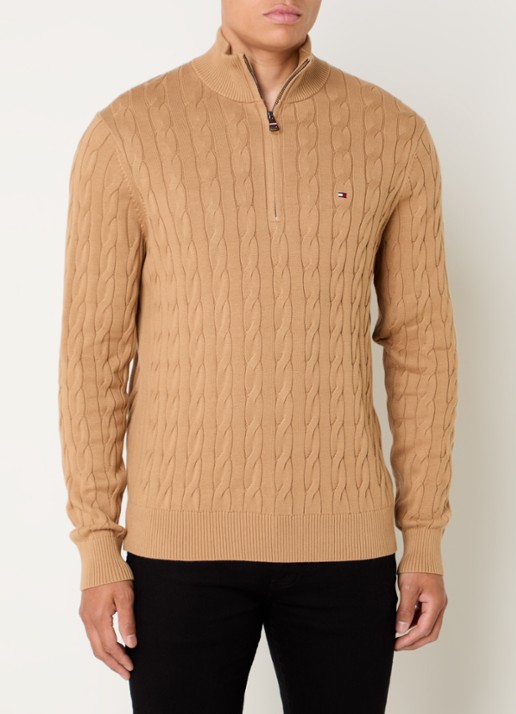 Tommy Hilfiger Kabelgebreide trui met halve rits en logo - detail camel
