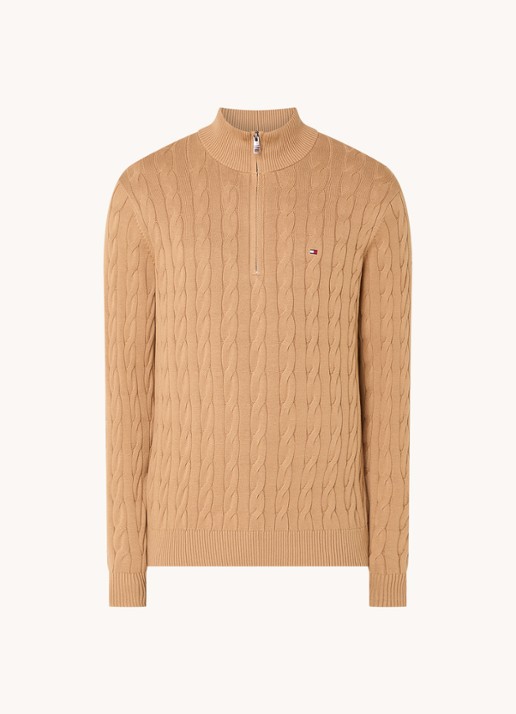 Tommy Hilfiger Kabelgebreide trui met halve rits en logo - voorkant 3 camel