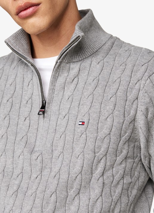 Tommy Hilfiger Kabelgebreide trui met halve rits en logo - detail 2 middengrijs
