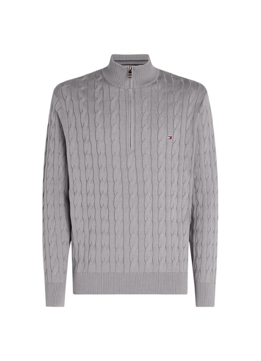 Tommy Hilfiger Kabelgebreide trui met halve rits en logo - voorkant 3 middengrijs