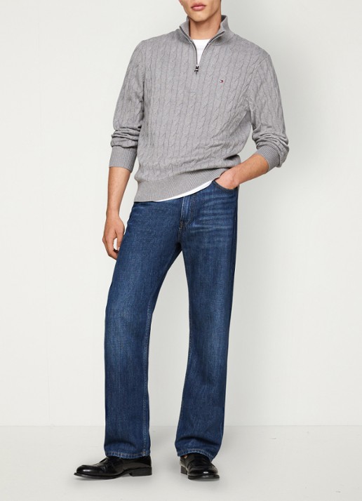 Tommy Hilfiger Kabelgebreide trui met halve rits en logo - voorkant 4 middengrijs
