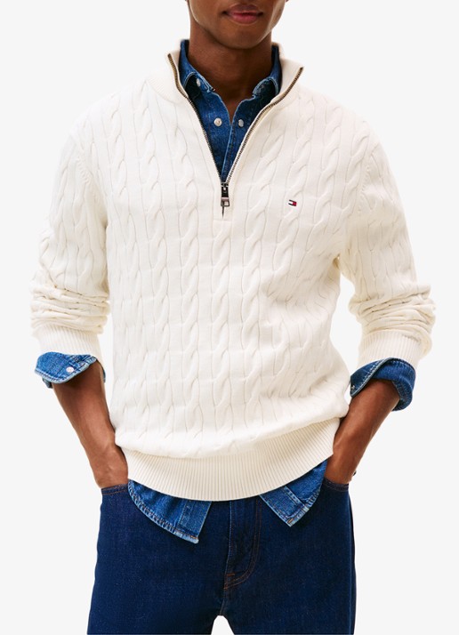 Tommy Hilfiger Kabelgebreide trui met halve rits en logo - detail 2 gebroken wit