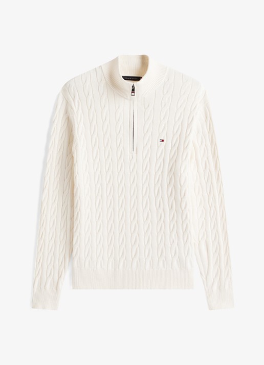 Tommy Hilfiger Kabelgebreide trui met halve rits en logo - voorkant 3 gebroken wit