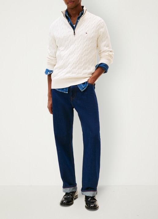 Tommy Hilfiger Kabelgebreide trui met halve rits en logo - voorkant 4 gebroken wit