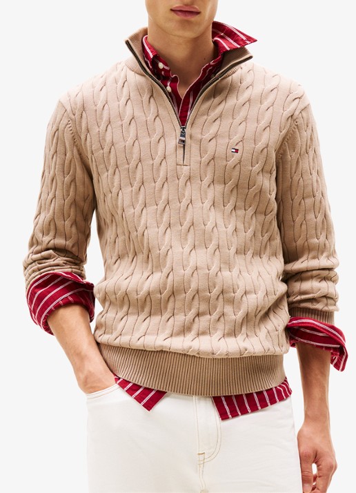 Tommy Hilfiger Kabelgebreide trui met halve rits en logo - detail beige