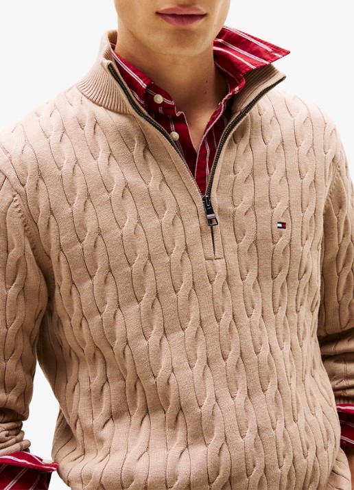 Tommy Hilfiger Kabelgebreide trui met halve rits en logo - detail 2 beige