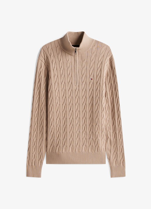 Tommy Hilfiger Kabelgebreide trui met halve rits en logo - voorkant 3 beige
