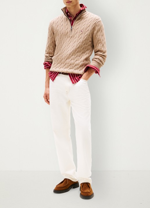 Tommy Hilfiger Kabelgebreide trui met halve rits en logo - voorkant 4 beige
