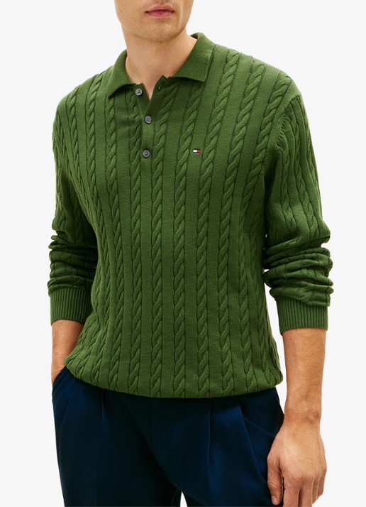 Tommy Hilfiger Kabelgebreide trui met polokraag en logoborduring - detail 2 groen